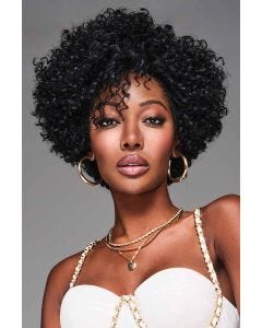 Afro American woman in a short curly black lace front layered wig