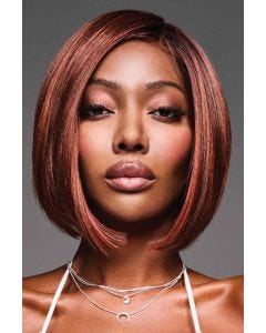 African American woman in a past the chin dark red angled lace front bob wig