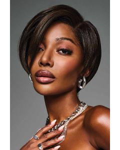 Black woman in an asymmetric short dark brown lace front wig