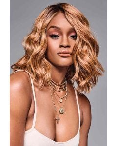 Black woman in a shoulder length wavy copper lace front wig