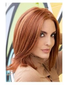 Woman in a past the shoulders medium red straight human hair/synthetic wig