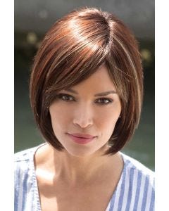 Woman in brown, short or chin length bob cut wig with long bangs