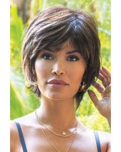 Woman in brown short, straight layered wig with bangs