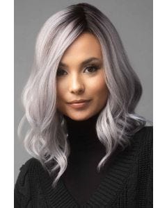 Woman in a past the shoulders lavender curly lace front wig