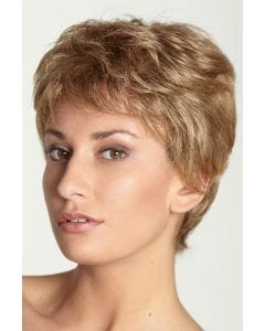 Woman in a petite golden blonde classic pixie wig