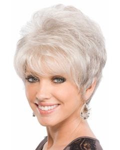 Woman in a petite teased long light grey pixie wig with side bangs