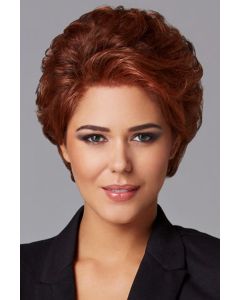 Woman in a copper red longer pixie bob wig with natural volume and a lace front