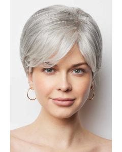Woman in a 4" to 5" light grey wiglet hair topper for thinning hair