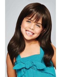 Little girl in an extra long brown wavy children's wig with bangs