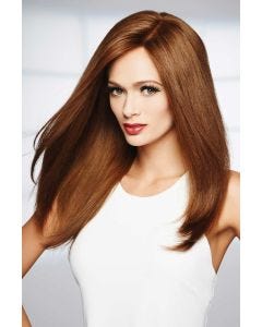 Woman in an extra long medium auburn straight wig