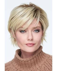 Woman in a short cropped light blonde lace front wig
