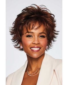 Black woman in a dark auburn textured, tousled pixie wig with textured bangs