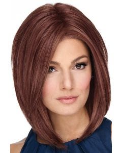 Woman in a shoulder length dark auburn angled lace front bob wig
