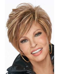Raquel Welch in an extra long light auburn lace front pixie wig with side bangs
