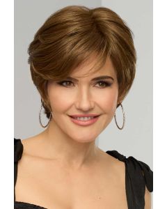 Woman in a 5" medium brown straight hair topper for thinning hair