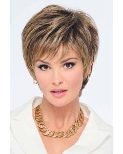 Woman in a long medium brown lace front pixie wig with wispy bangs