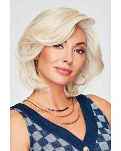 Woman in short blonde bob lace front wig with curled under style