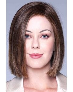 Woman in a shoulder length dark brown lace front blunt bob wig