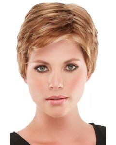 Woman in blonde, short pixie wig with layers and bangs
