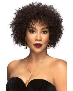 African American woman in a chin length heavily layered dark brown afro human hair wig