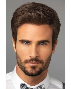 Man in a styled dark brown evenly layered lace front wig