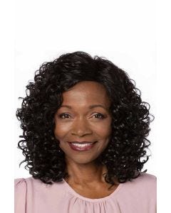 Afro American woman in a shoulder length black coily curly wig