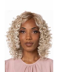 African American woman in a shoulder length platinum blonde coily curly wig