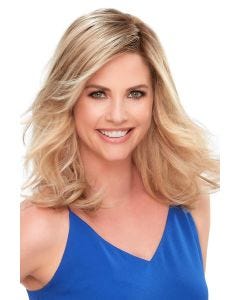 Woman in a 12" light blonde semi-curly lace front hair topper with side bangs