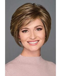 Woman wearing short layered bob wig with side-swept bangs and highlighted brown tones, soft volume and natural shape