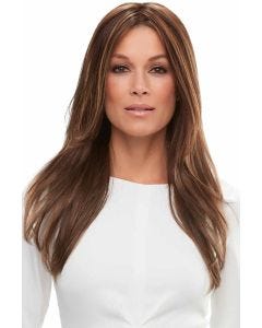 Woman in a large extra long dark brown lace front wig with highlights and textured layers