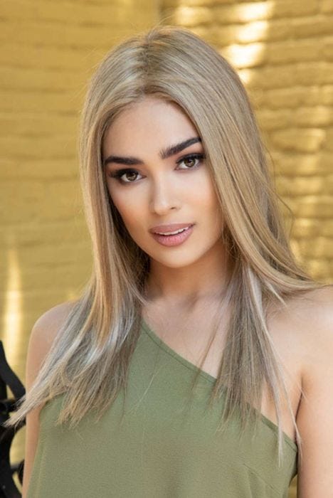Woman in an extra long medium brown blunt cut lace front wig