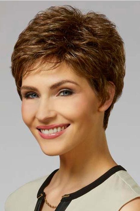 Woman in a classic medium brown pixie wig