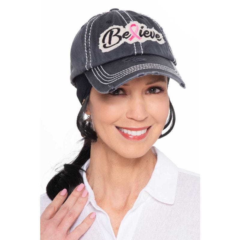 Denim Baseball Cap with Believe & Pink Crystal Ribbon Accent Hope Ribbon Bling Denim Hat – Yes I main image 3