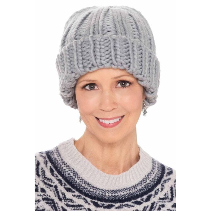 Women’s Light Gray Winter Ribbed Beanie Hat Chunky Cable Knit Pompom Warm Light grey pure cashmere beanie hat cable and rib knit  main image 4