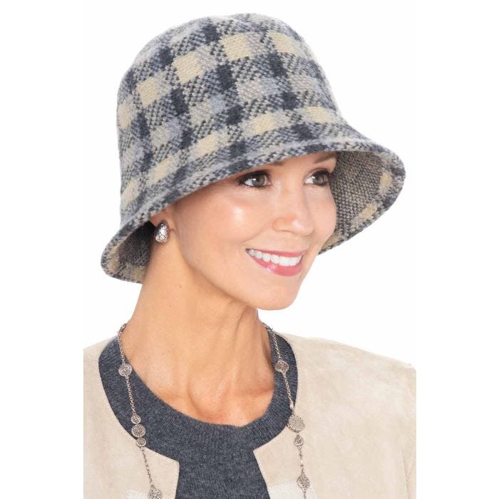 Handmade Plaid Bucket Hat Gray Pearl Trim Medium Gable Wool Bucket Hat | Hemlock Hat Co. | Plaid Bucket main image 3