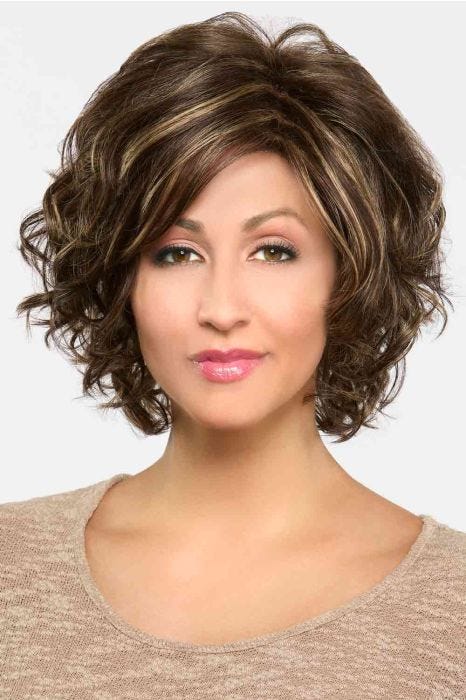 Woman in a past the chin dark brown curly layered bob wig