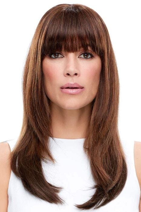 woman in medium auburn long fringe human hair clip in bangs