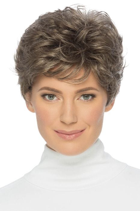 Woman in a petite brown & grey pixie wig with longer hair on top