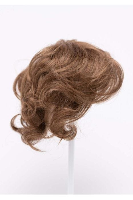 6.25" to 10" light brown curly hair topper on stand