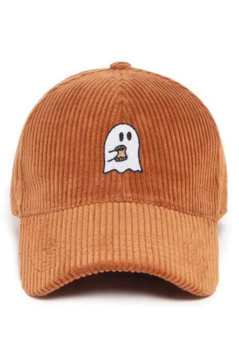 Halloween Ghost with Coffee Embroidered Corduroy Cap | Baseball Cap for Women