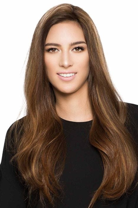 Woman in a 22" top 24" reddish brown human hair topper for thinning hair
