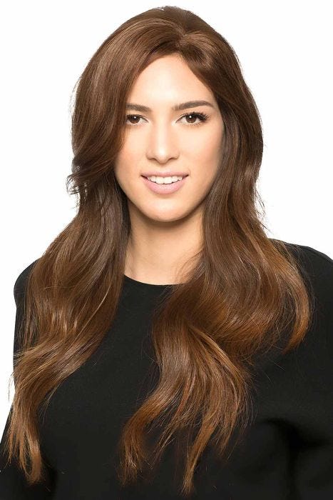 Woman in a 9" medium brown hair topper for thinning hair