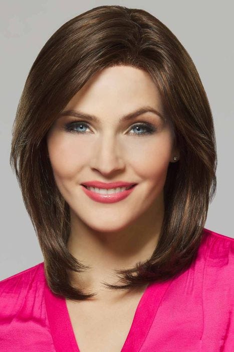 Woman in a past the shoulders straight dark auburn lace front wig