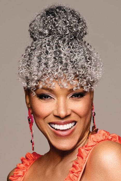 Bombshell Bun and Bang Hairpiece by Kim Kimble | Drawstring Bun, Clip In Bang