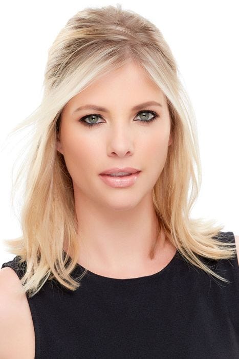 Woman in a 12" light blonde hair topper for thinning hair