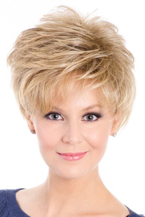 Woman in a 2" to 4.5" light blonde hair topper for thinning hair
