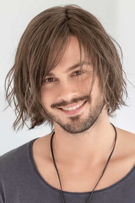 Man in a chin length tousled medium brown lace front wig