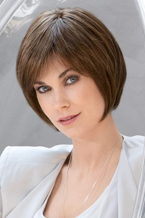 Woman in a 9" medium brown human hair topper for thinning hair