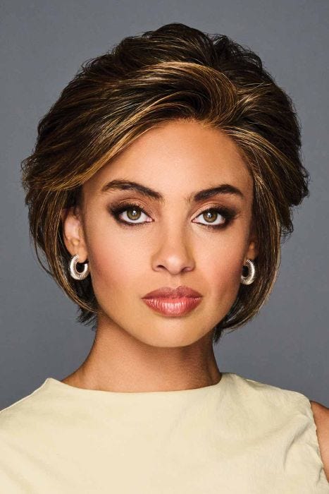 Black woman in a short evenly layered dark brown lace front bob wig