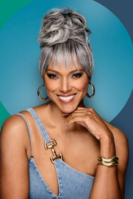 Sleek Style Bun & Bangs by Kim Kimble | Heat Resistant, Bun Hairpiece with Bangs